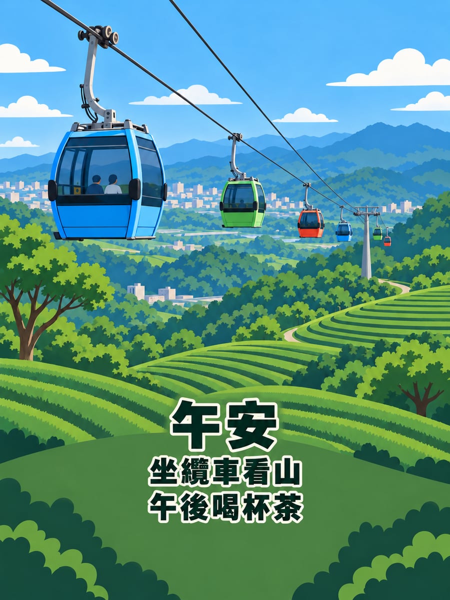 貓空纜車午後。圖中文字：午安，坐纜車看山，午後喝杯茶