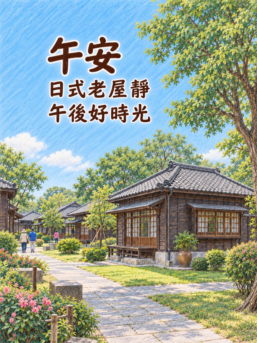 檜意森活村午後。圖中文字：午安，日式老屋靜，午後好時光