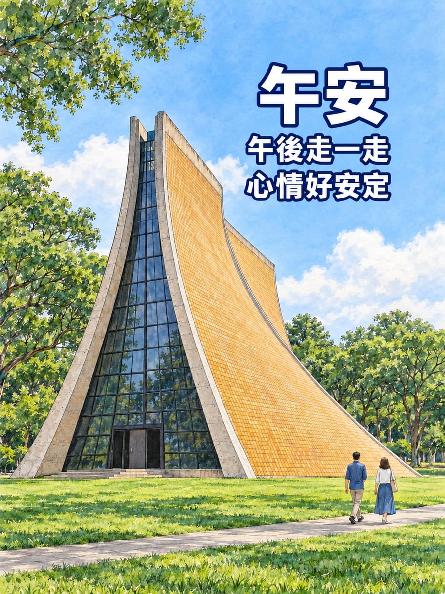 路思義教堂午後。圖中文字：午安，午後走一走，心情好安定