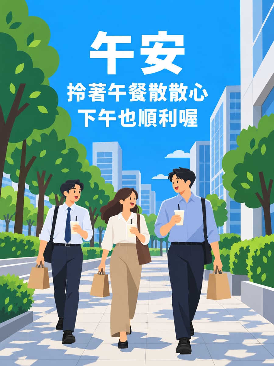 拎著午餐走回去。圖中文字：午安，拎著午餐散散心，下午也順利喔