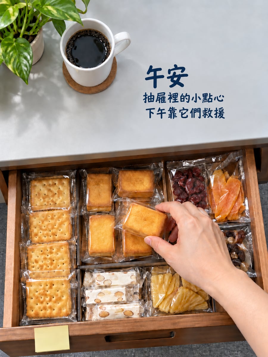 抽屜裡的點心。圖中文字：午安，抽屜裡的小點心，下午靠它們救援
