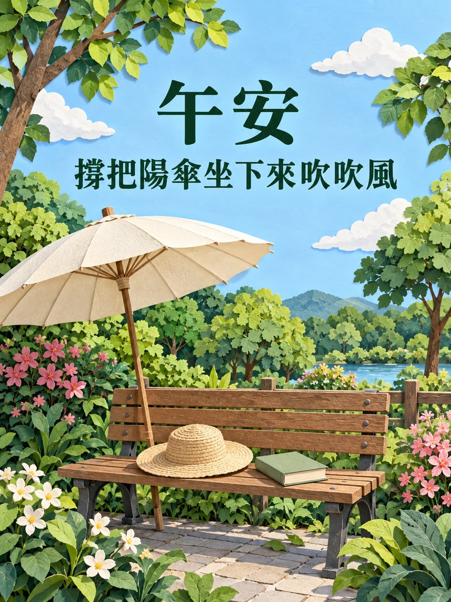 長椅與陽傘。圖中文字：午安，撐把陽傘坐下來吹吹風