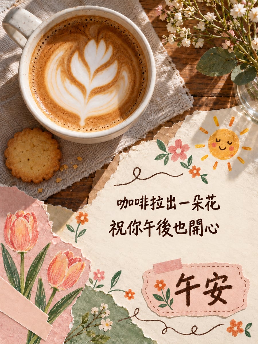 咖啡拉花。圖中文字：午安，咖啡拉出一朵花，祝你午後也開心