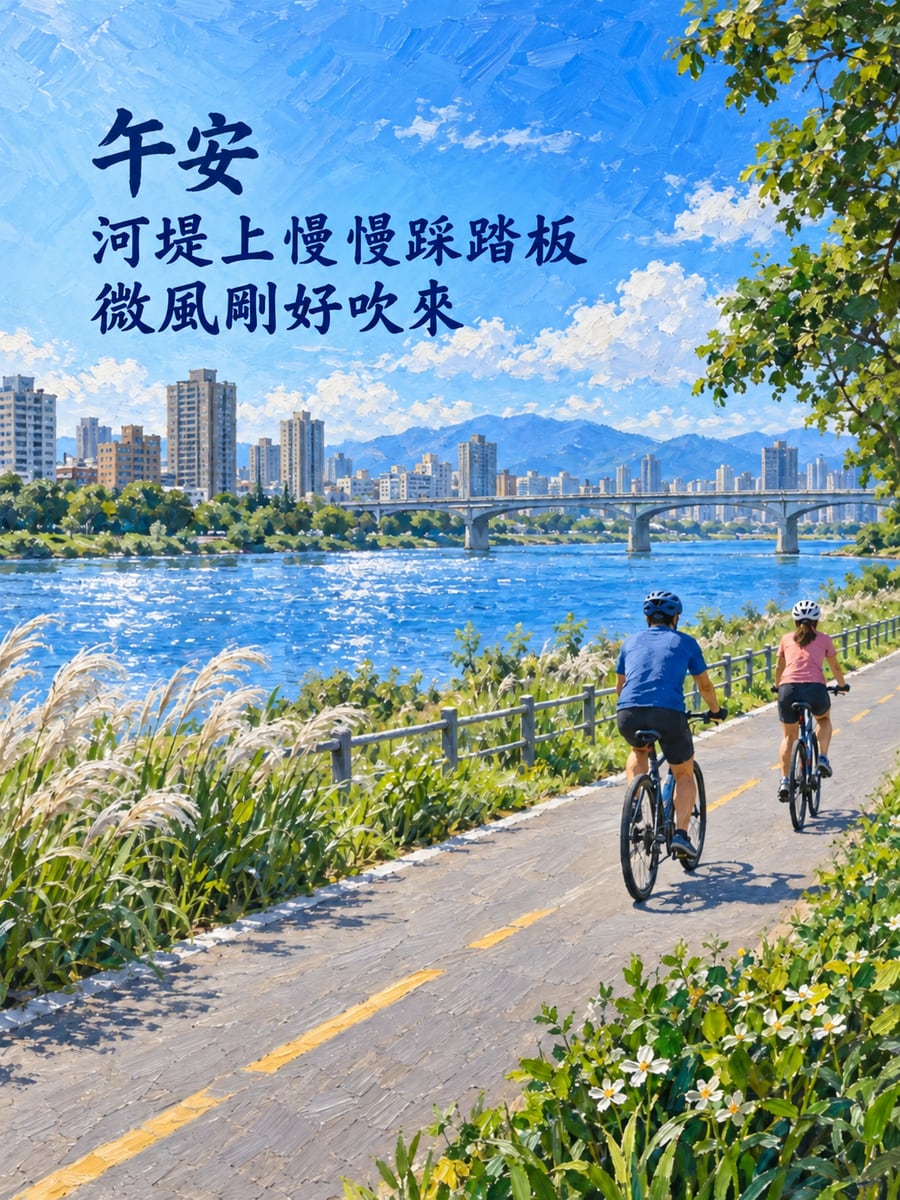 河堤騎車。圖中文字：午安，河堤上慢慢踩踏板，微風剛好吹來