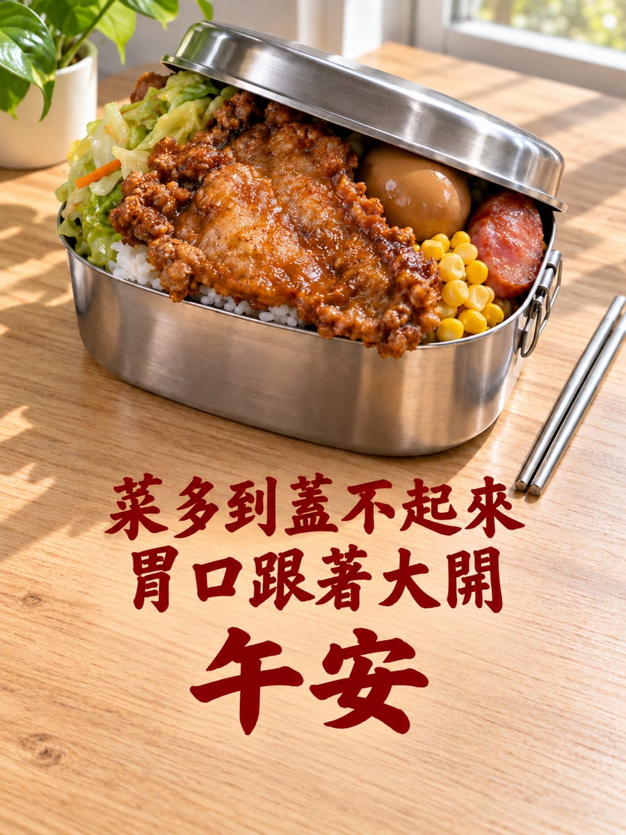 便當蓋不起來。圖中文字：午安，菜多到蓋不起來，胃口跟著大開
