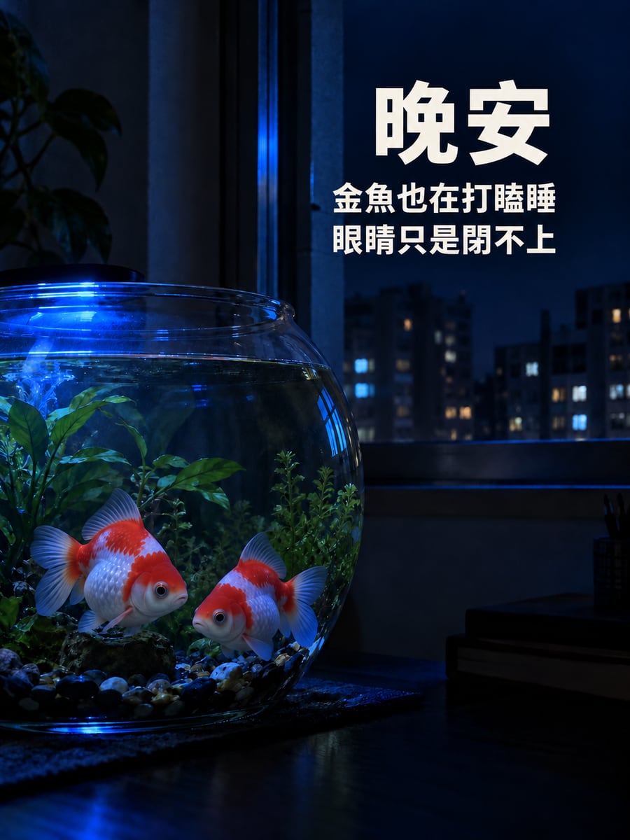 打瞌睡的金魚。圖中文字：晚安，金魚也在打瞌睡，眼睛只是閉不上