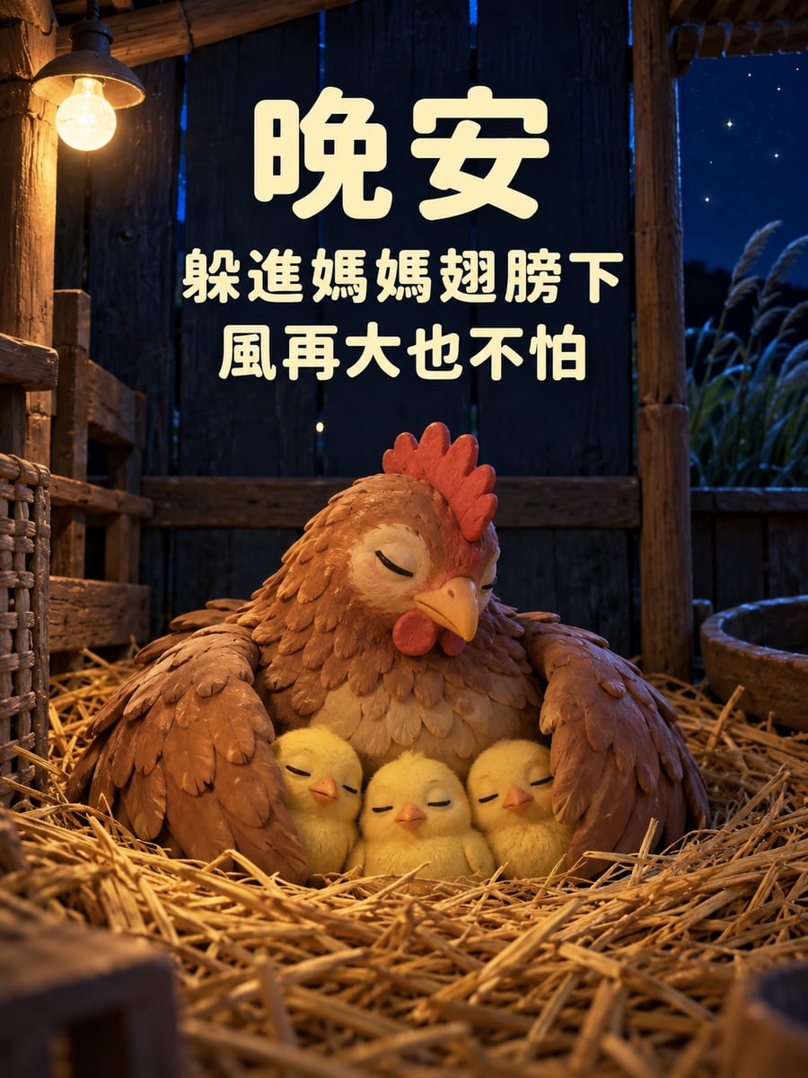 躲進翅膀的小雞。圖中文字：晚安，躲進媽媽翅膀下，風再大也不怕