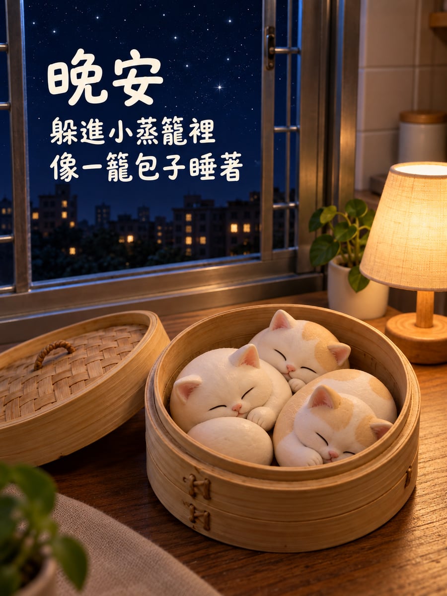 蒸籠裡的小貓。圖中文字：晚安，躲進小蒸籠裡，像一籠包子睡著