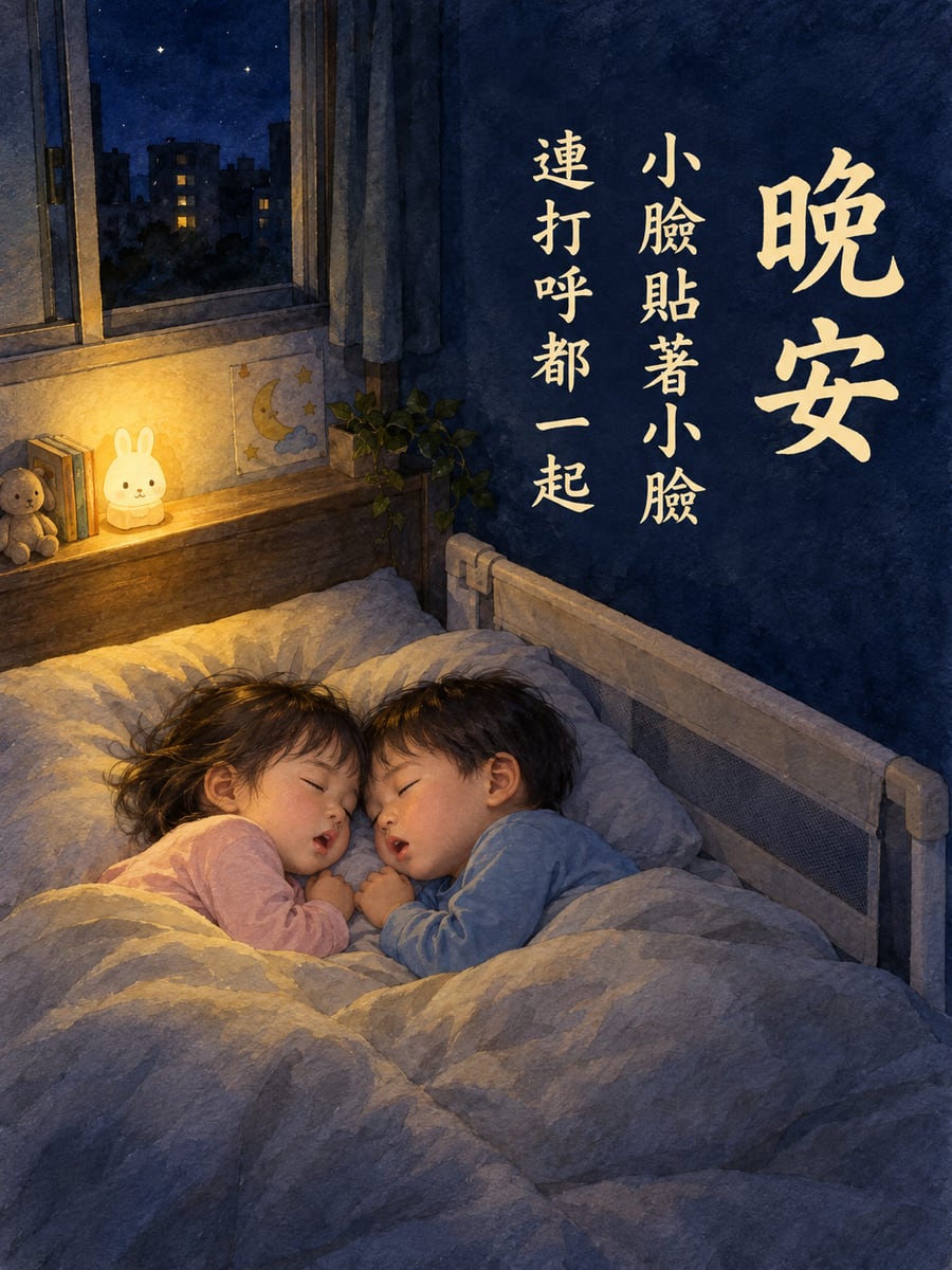 面對面睡的雙胞胎。圖中文字：晚安，小臉貼著小臉，連打呼都一起