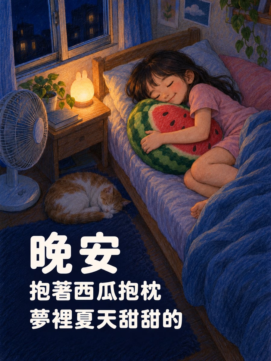 抱著西瓜抱枕。圖中文字：晚安，抱著西瓜抱枕，夢裡夏天甜甜的
