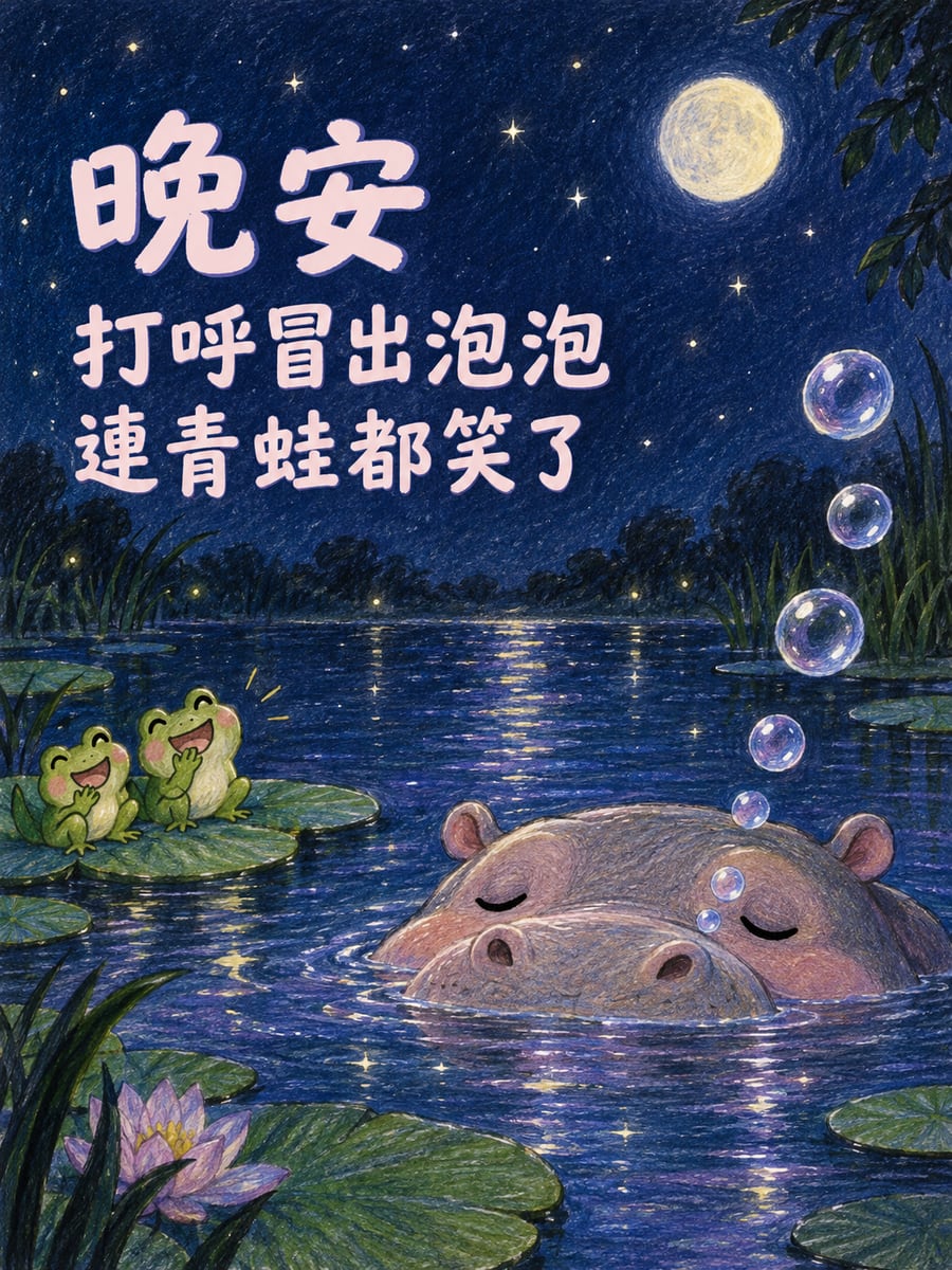 打呼的河馬。圖中文字：晚安，打呼冒出泡泡，連青蛙都笑了