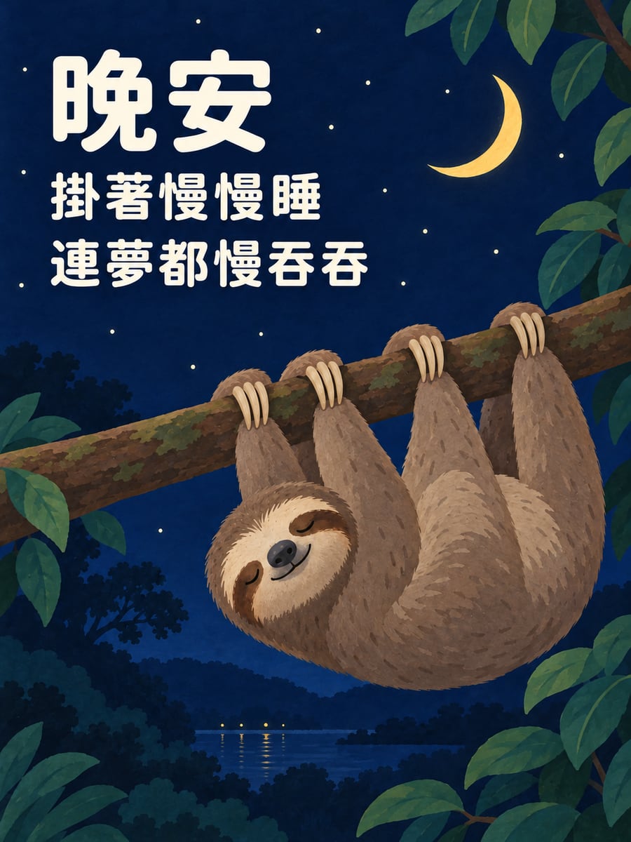 樹懶掛枝入睡。圖中文字：晚安，掛著慢慢睡，連夢都慢吞吞