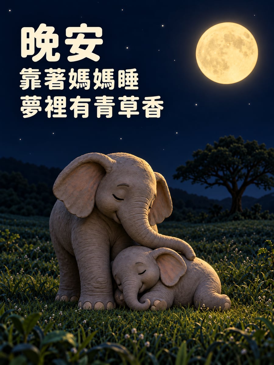 小象靠著象媽媽。圖中文字：晚安，靠著媽媽睡，夢裡有青草香