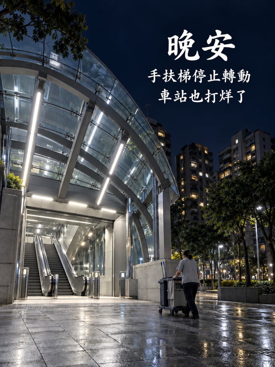 捷運站打烊。圖中文字：晚安，手扶梯停止轉動，車站也打烊了