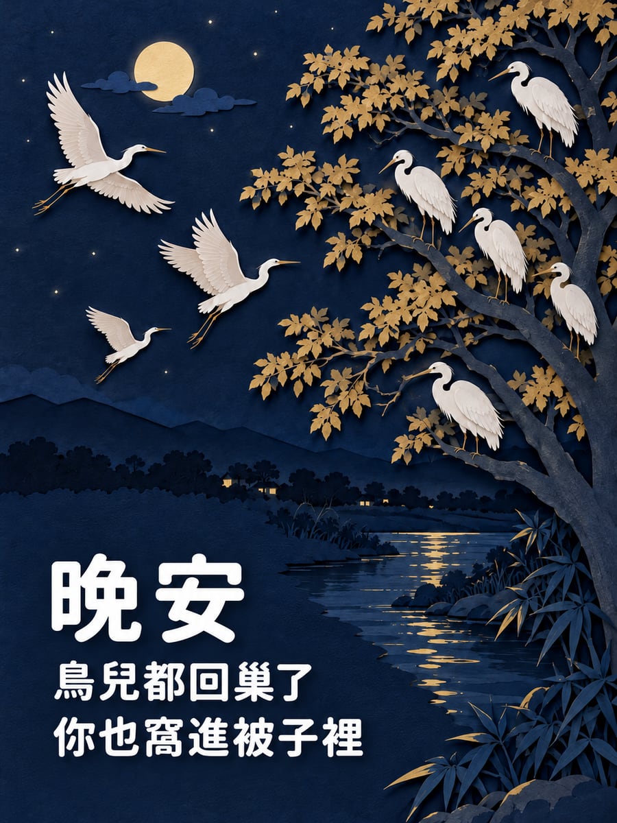 鷺鷥回巢。圖中文字：晚安，鳥兒都回巢了，你也窩進被子裡