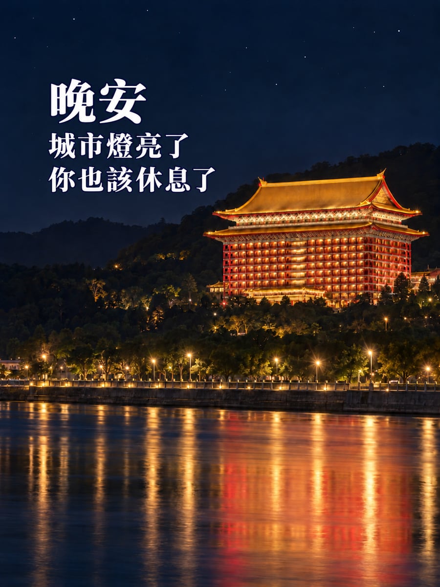 圓山大飯店河岸夜色。圖中文字：晚安，城市燈亮了，你也該休息了