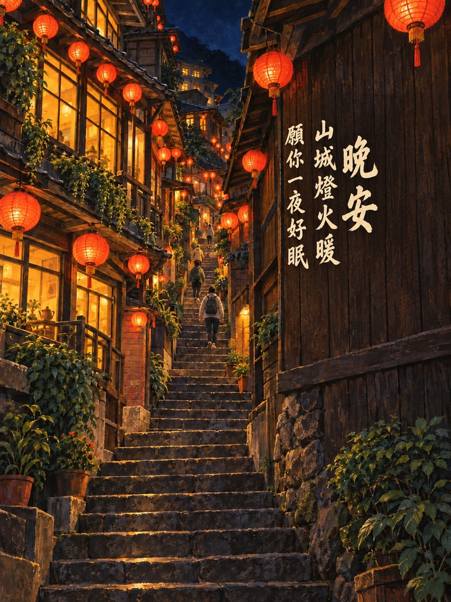 九份豎崎路燈籠夜。圖中文字：晚安，山城燈火暖，願你一夜好眠