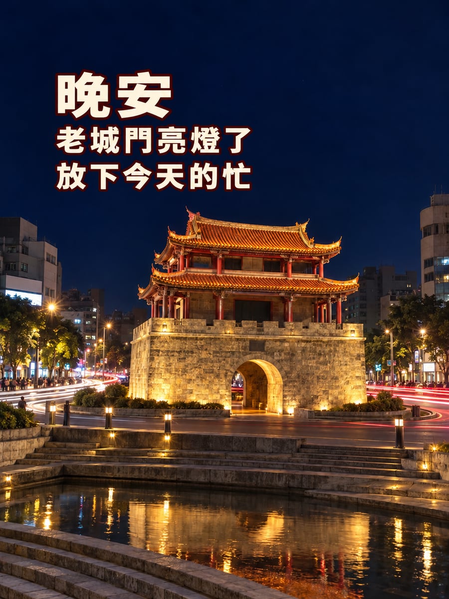 新竹東門城夜色。圖中文字：晚安，老城門亮燈了，放下今天的忙