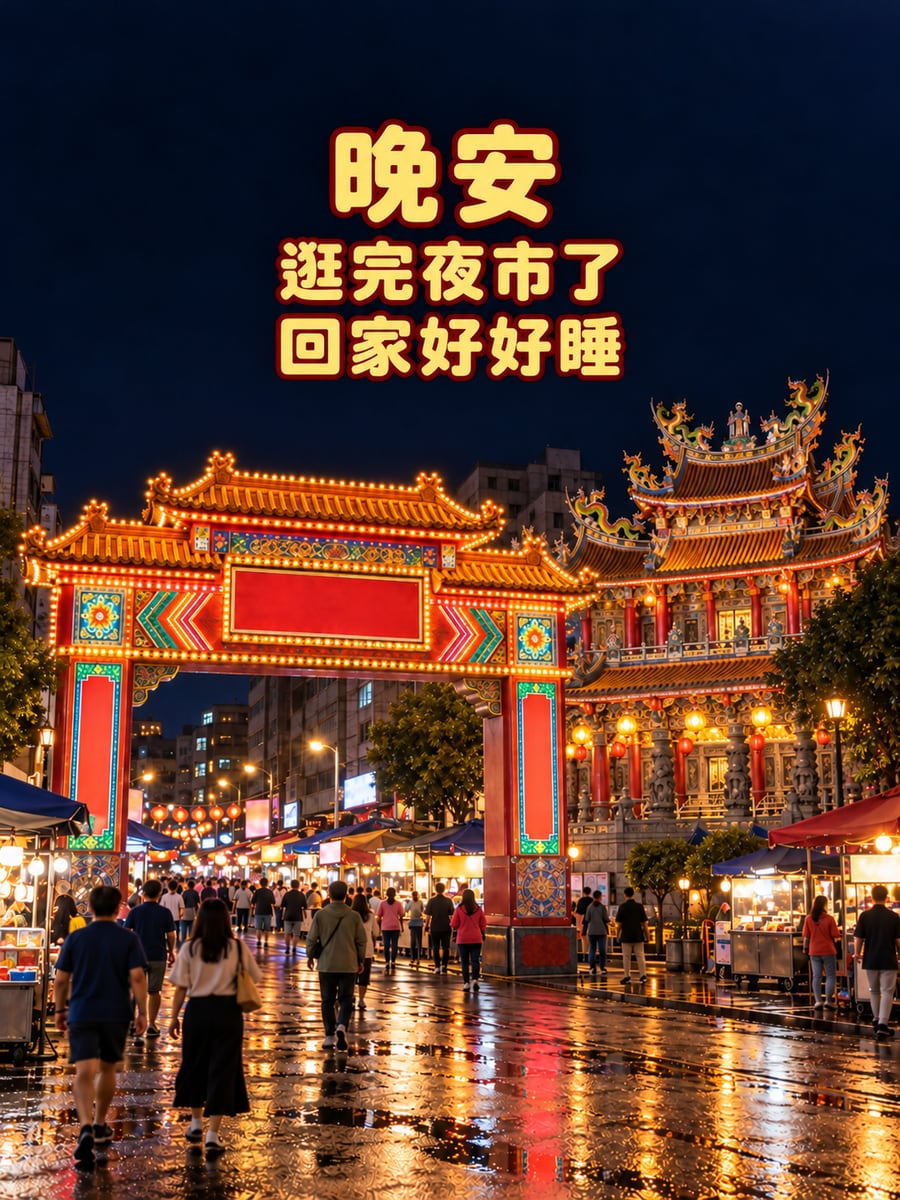 饒河夜市夜晚。圖中文字：晚安，逛完夜市了，回家好好睡