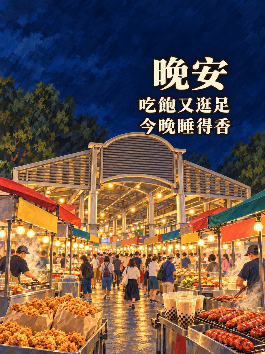 士林夜市夜晚。圖中文字：晚安，吃飽又逛足，今晚睡得香