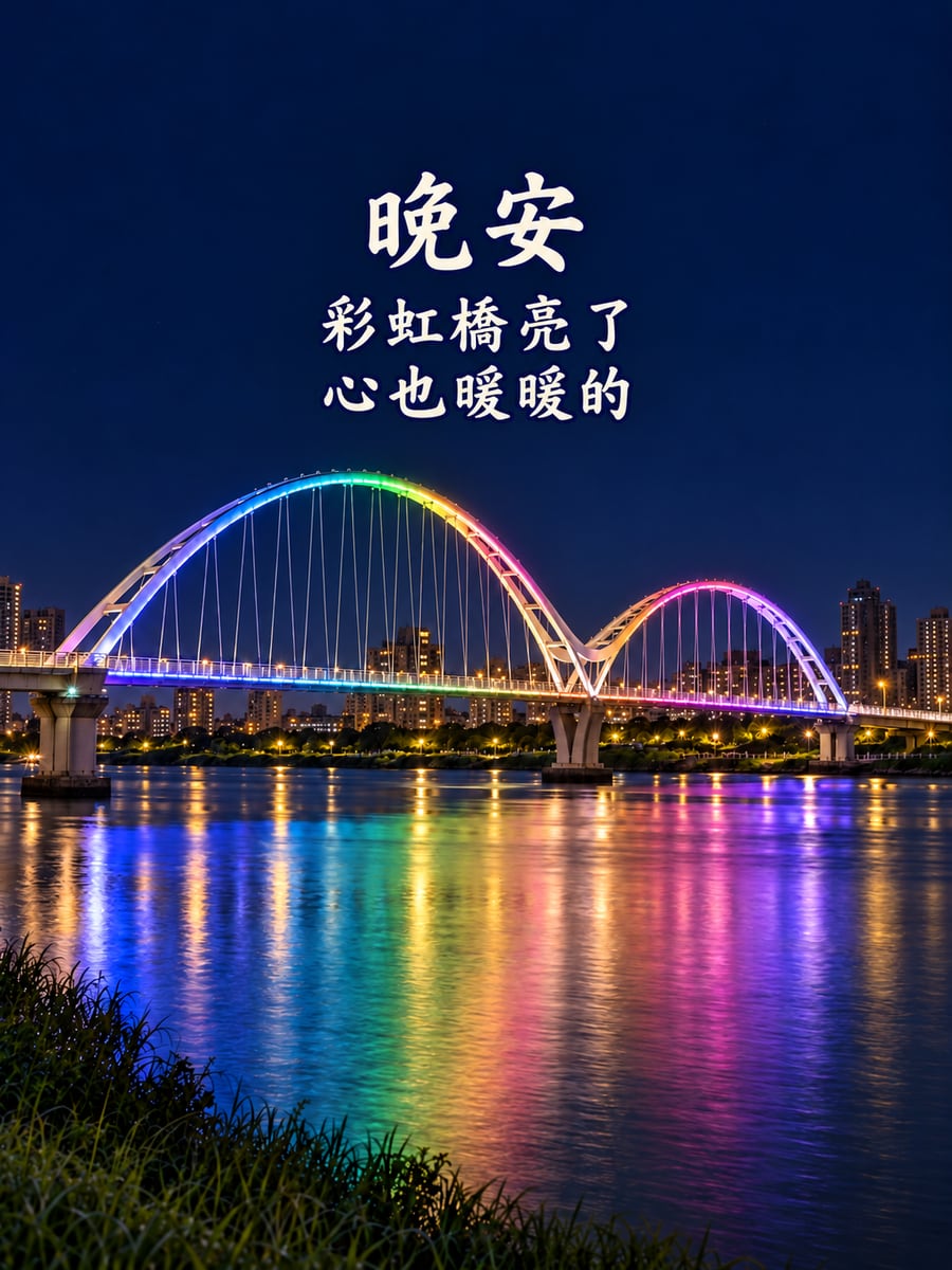 新月橋夜色。圖中文字：晚安，彩虹橋亮了，心也暖暖的