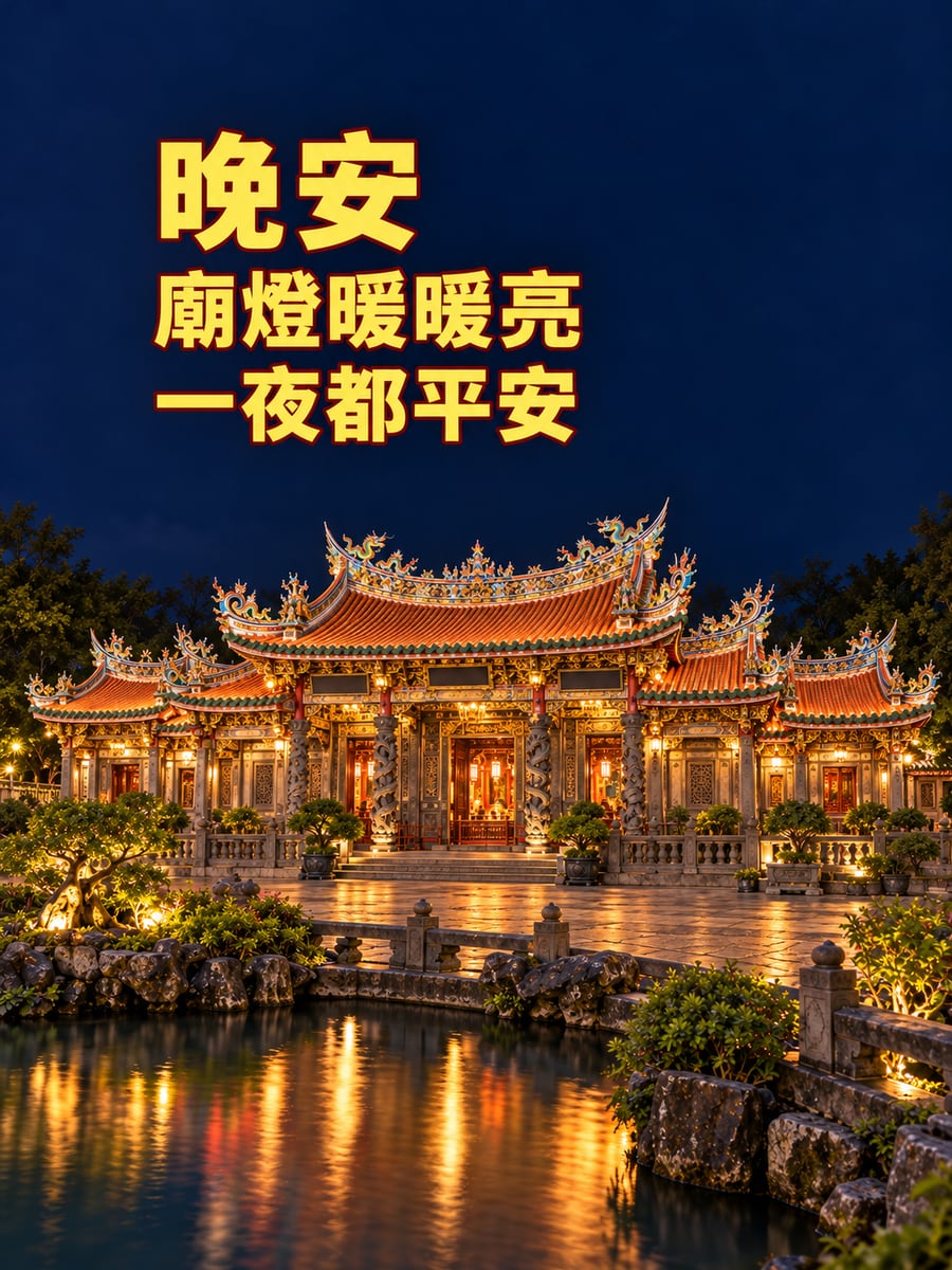 龍山寺夜燈。圖中文字：晚安，廟燈暖暖亮，一夜都平安