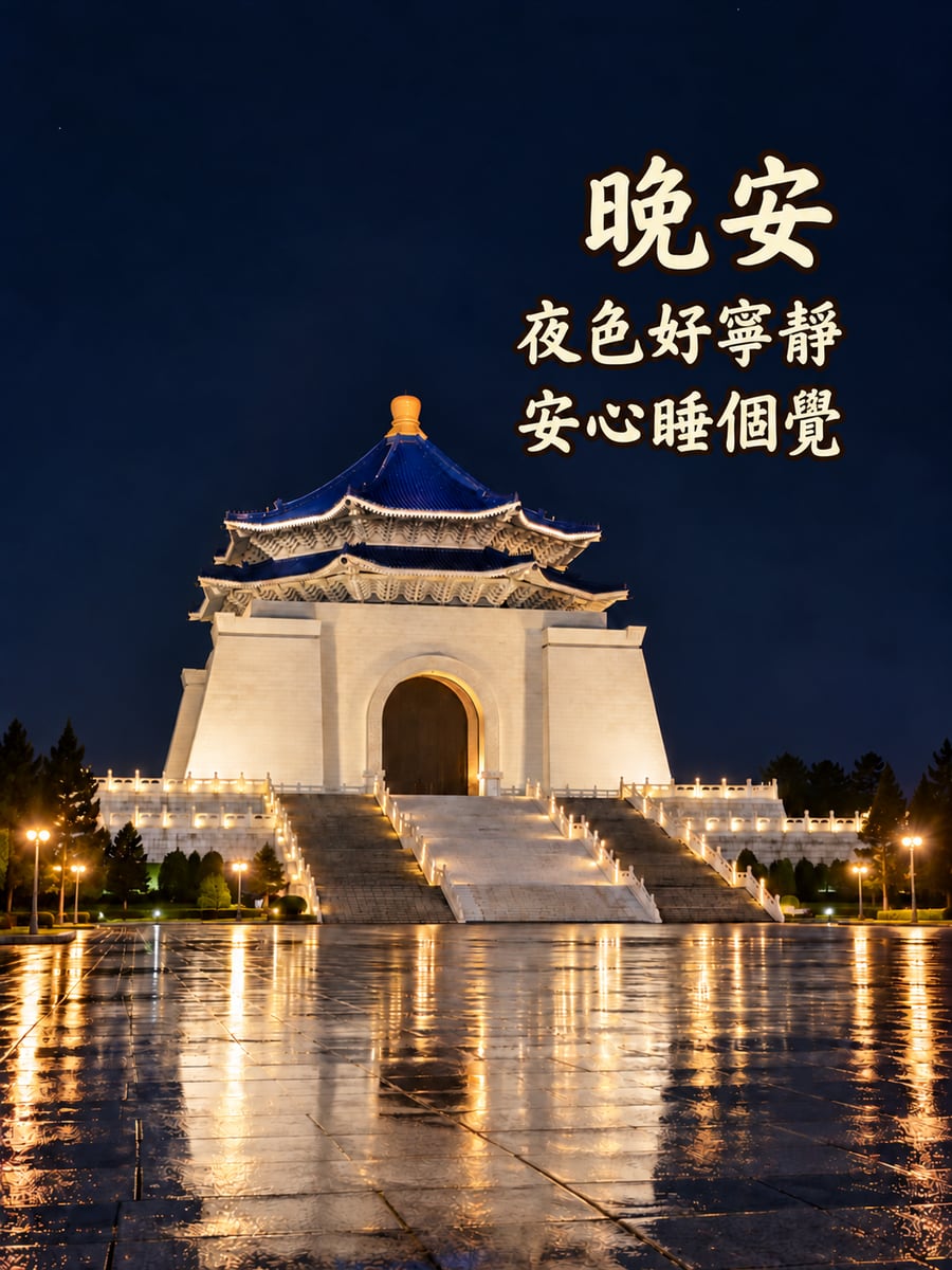 中正紀念堂夜色。圖中文字：晚安，夜色好寧靜，安心睡個覺