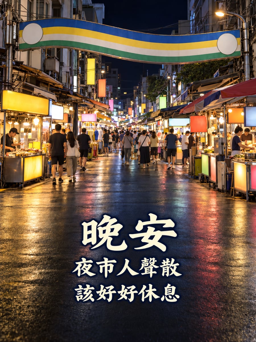 逢甲夜市夜晚。圖中文字：晚安，夜市人聲散，該好好休息