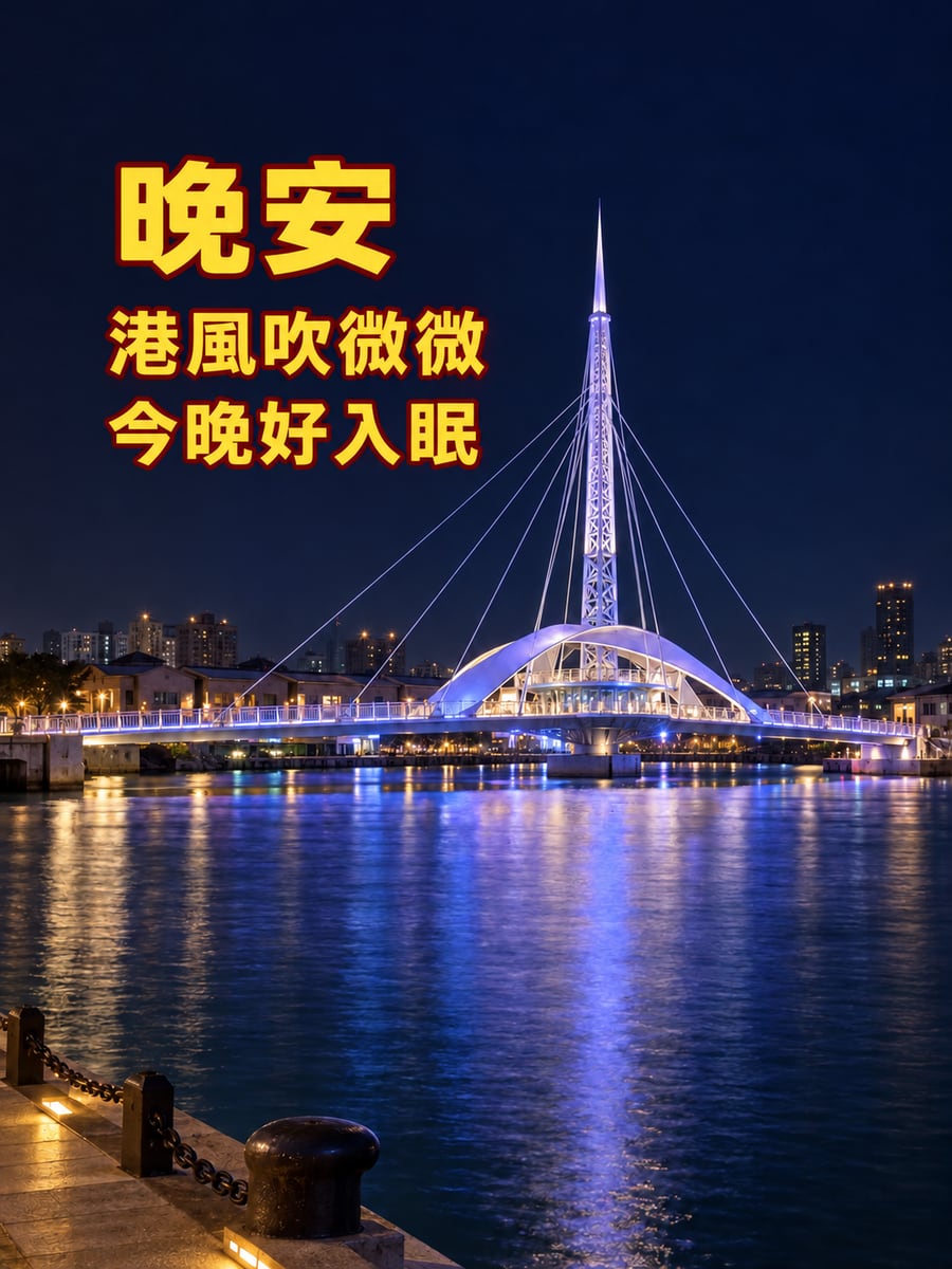 大港橋夜色。圖中文字：晚安，港風吹微微，今晚好入眠