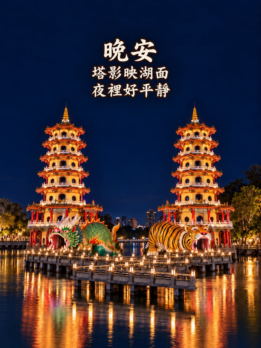 龍虎塔夜色。圖中文字：晚安，塔影映湖面，夜裡好平靜