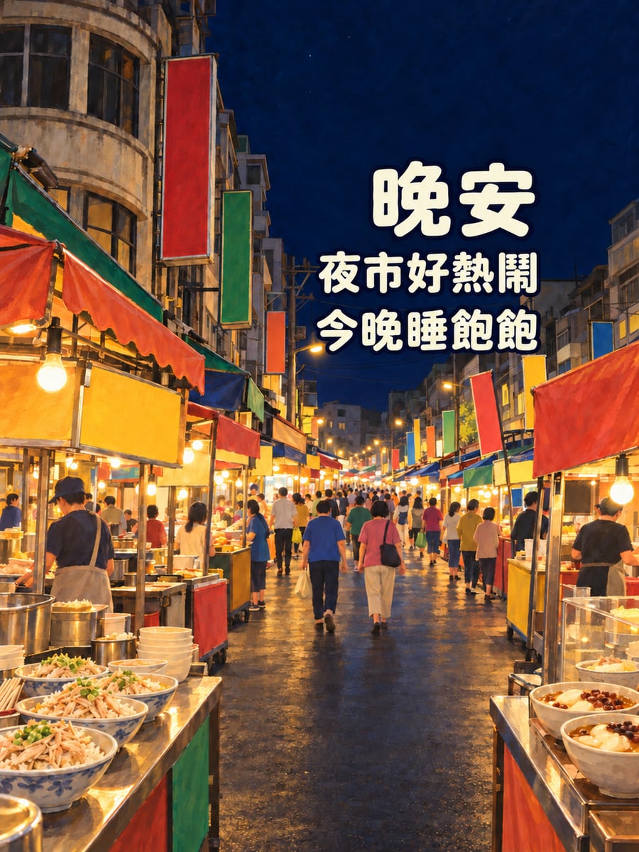 文化路夜市夜晚。圖中文字：晚安，夜市好熱鬧，今晚睡飽飽