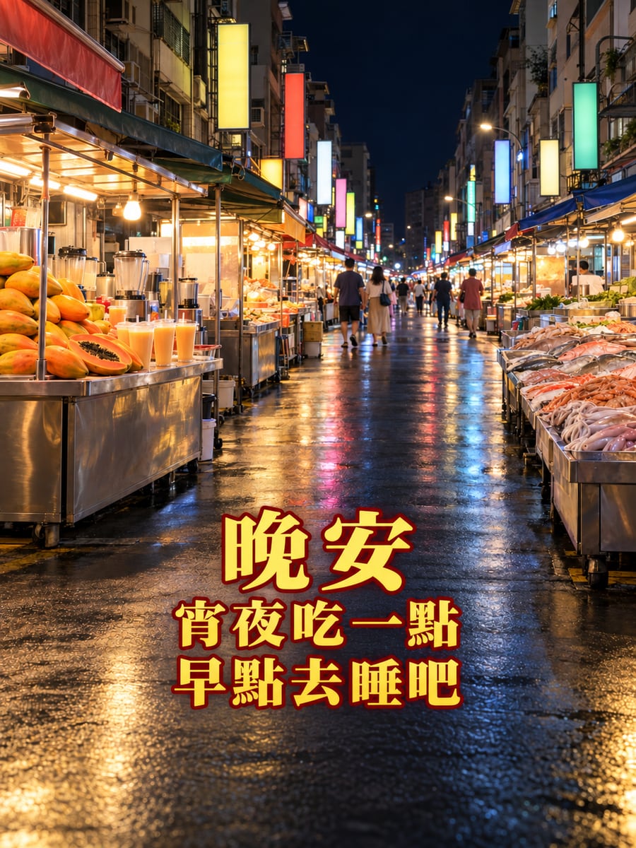 六合夜市夜晚。圖中文字：晚安，宵夜吃一點，早點去睡吧