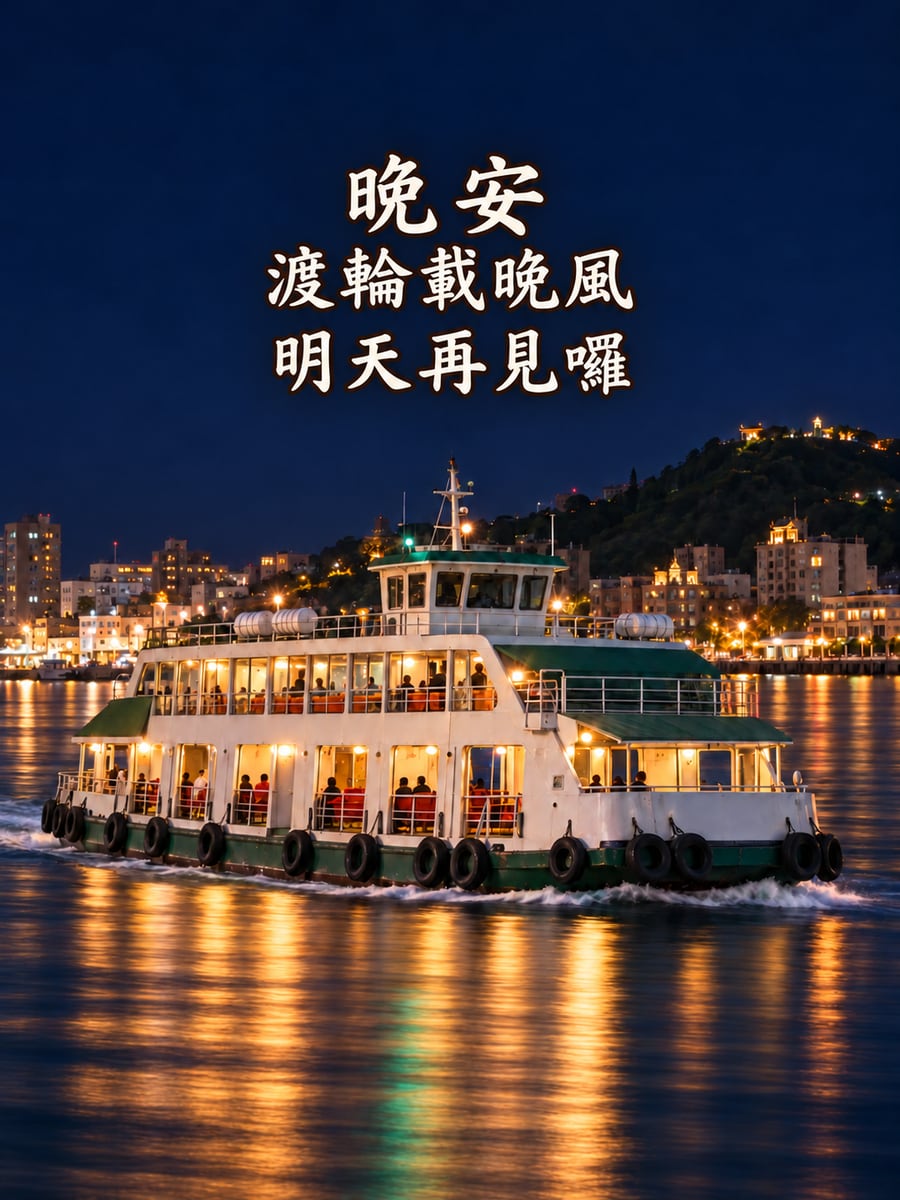 旗津渡輪夜色。圖中文字：晚安，渡輪載晚風，明天再見囉
