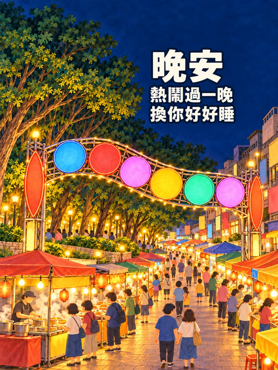 羅東夜市夜晚。圖中文字：晚安，熱鬧過一晚，換你好好睡