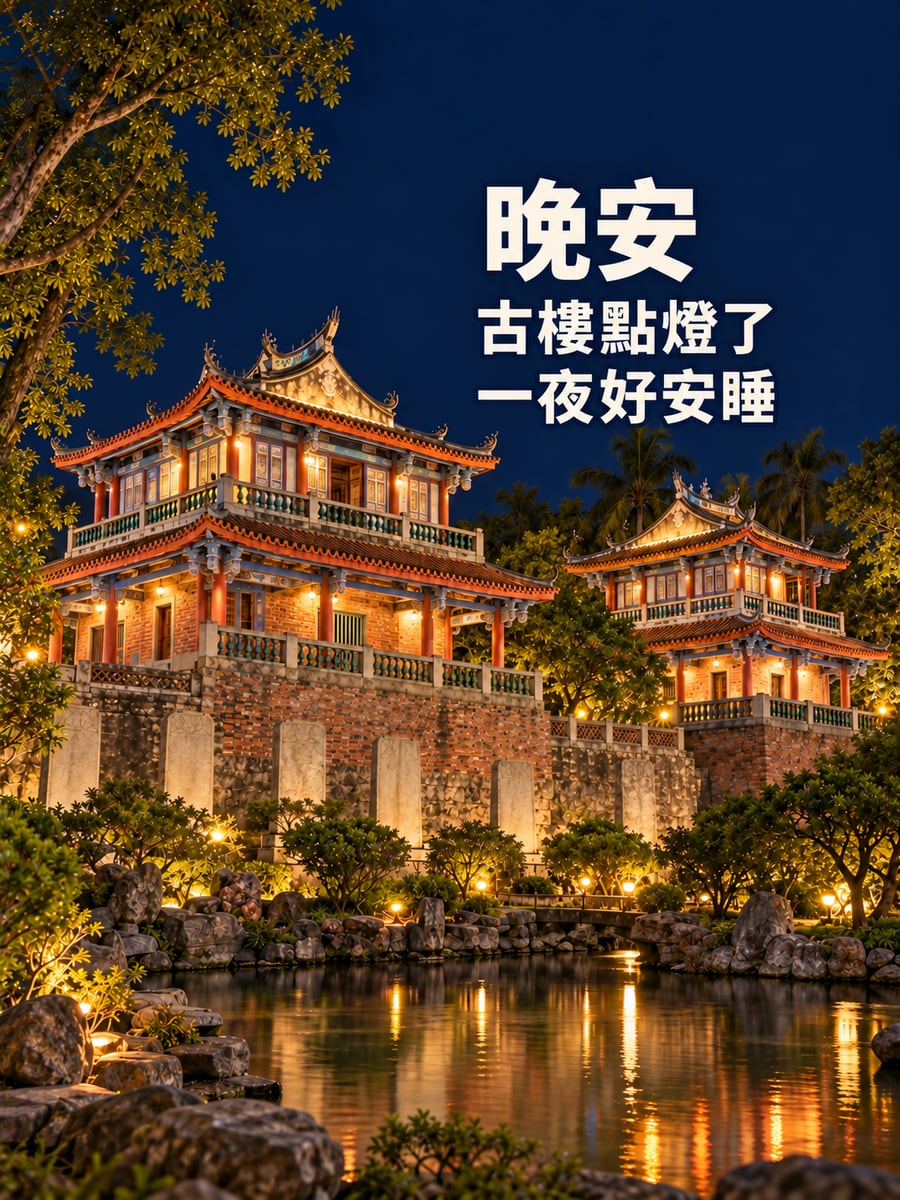 赤崁樓夜色。圖中文字：晚安，古樓點燈了，一夜好安睡