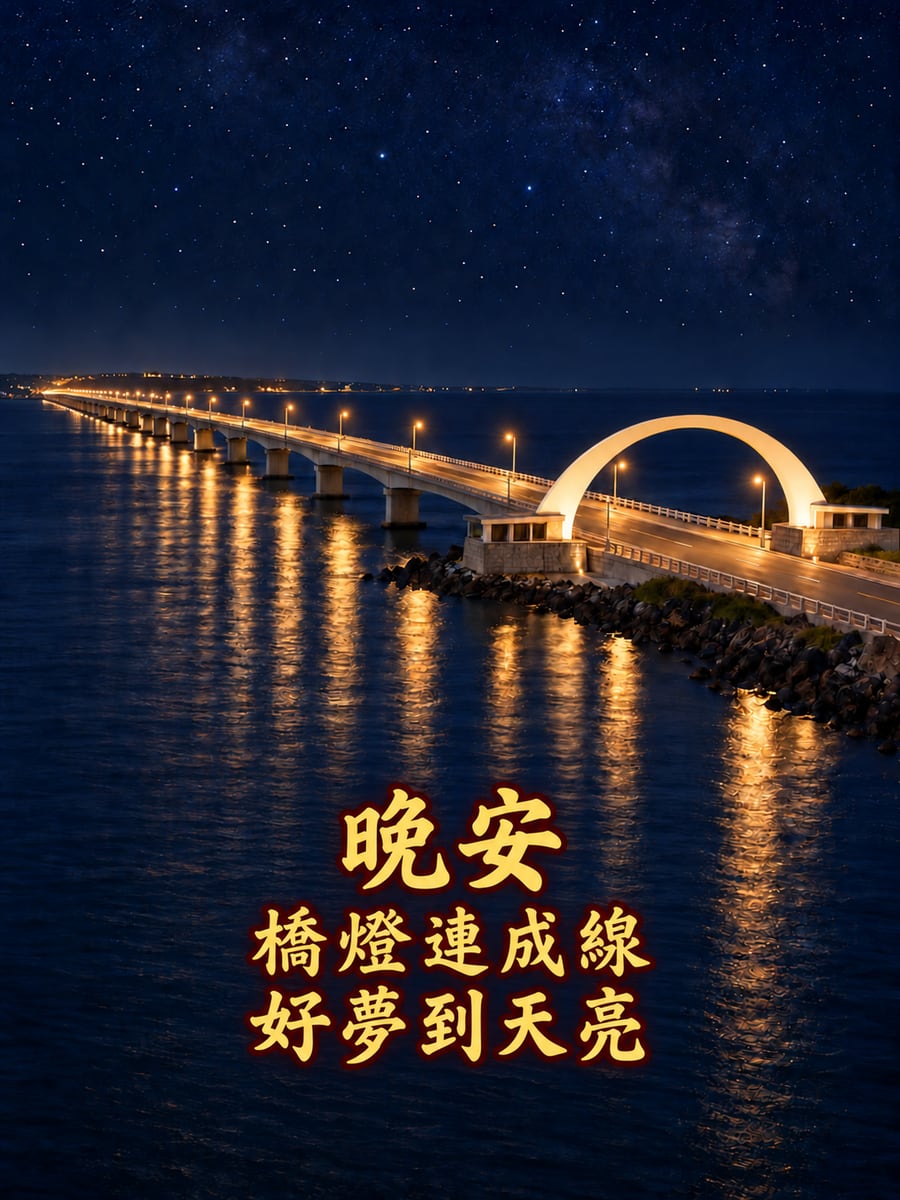 跨海大橋夜色。圖中文字：晚安，橋燈連成線，好夢到天亮