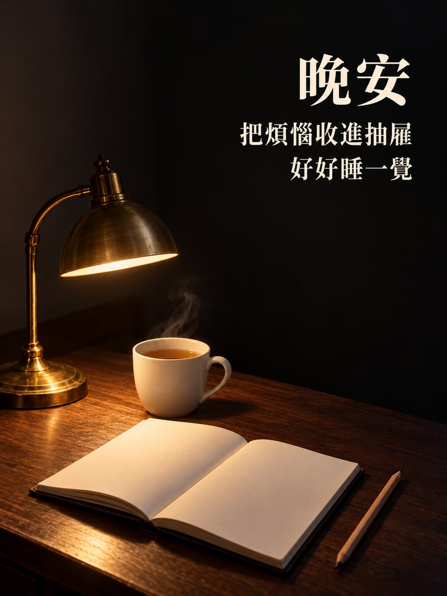 檯燈下的熱茶。圖中文字：晚安，把煩惱收進抽屜，好好睡一覺