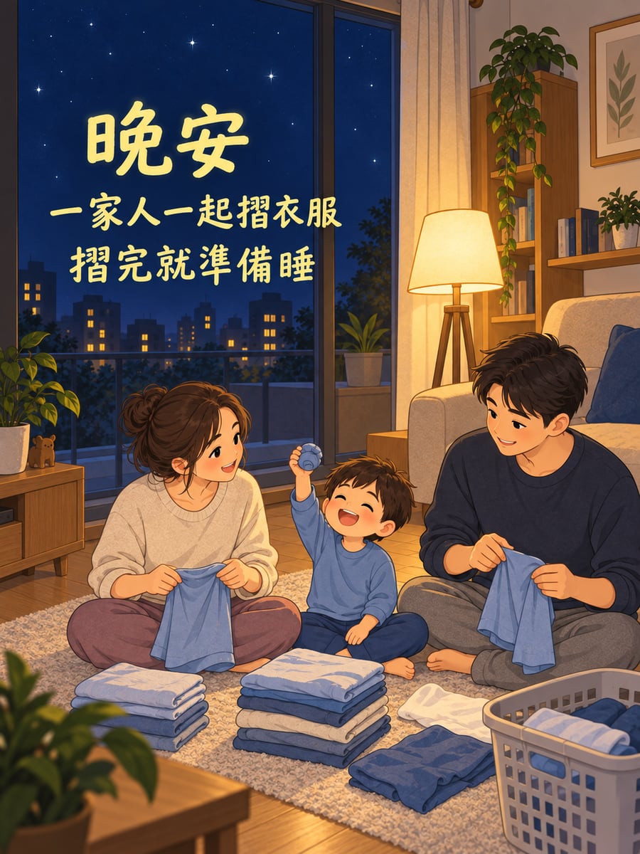一起摺衣服。圖中文字：晚安，一家人一起摺衣服，摺完就準備睡