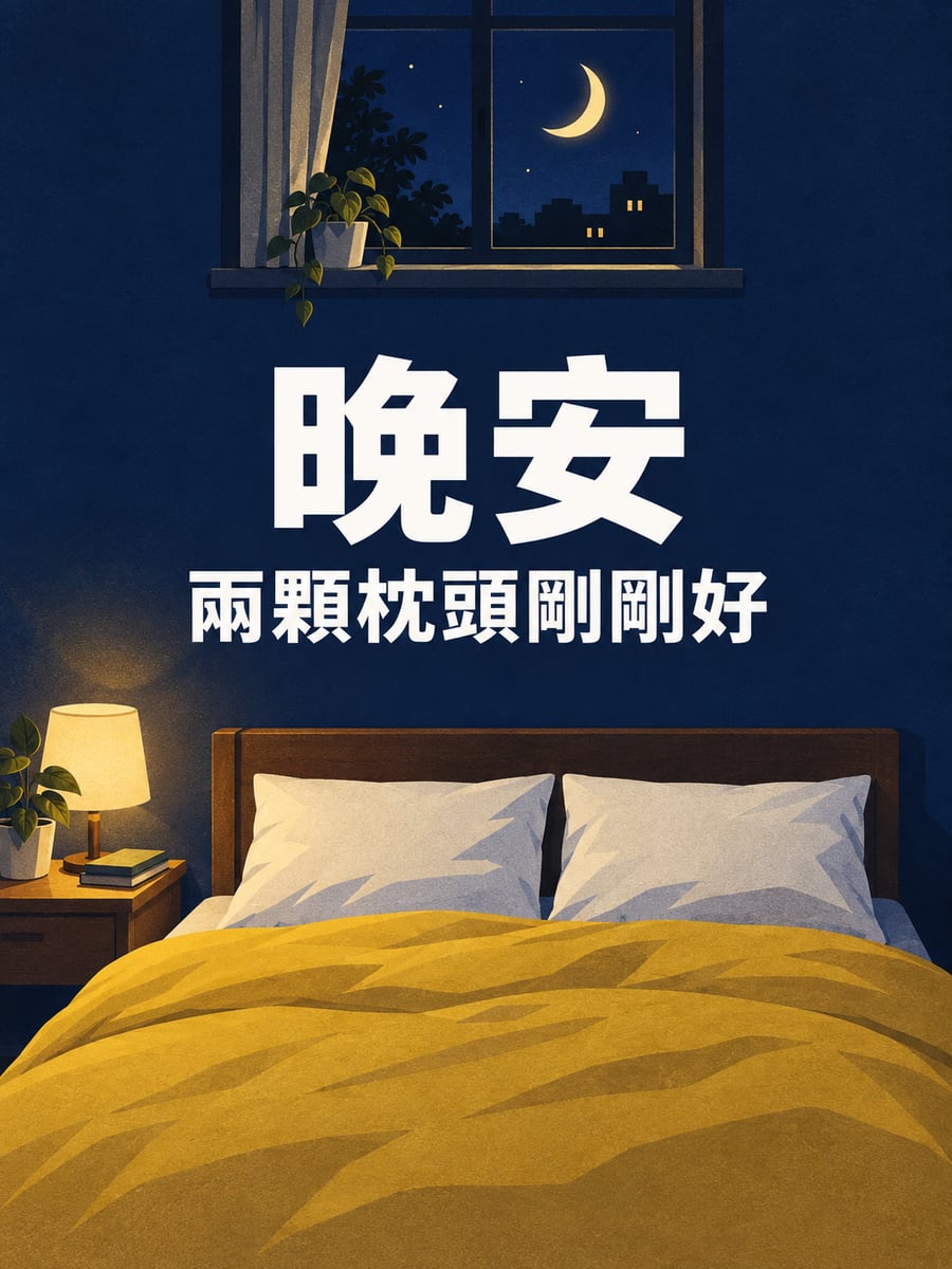 兩顆枕頭。圖中文字：晚安，兩顆枕頭剛剛好