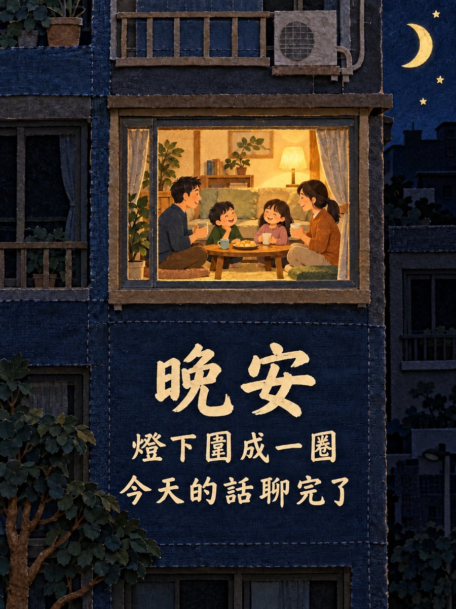 燈下圍一圈。圖中文字：晚安，燈下圍成一圈，今天的話聊完了