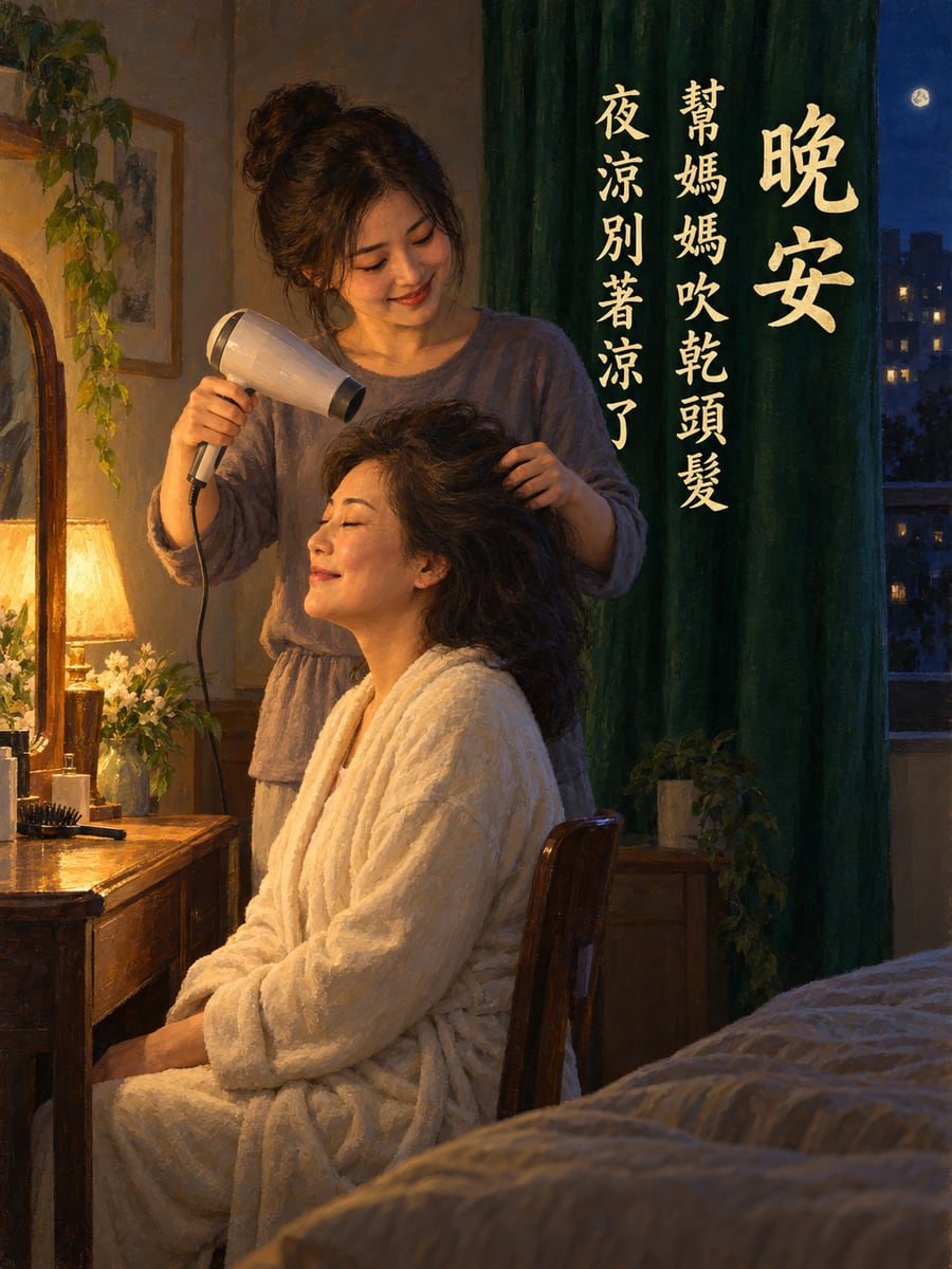 幫媽媽吹頭髮。圖中文字：晚安，幫媽媽吹乾頭髮，夜涼別著涼了