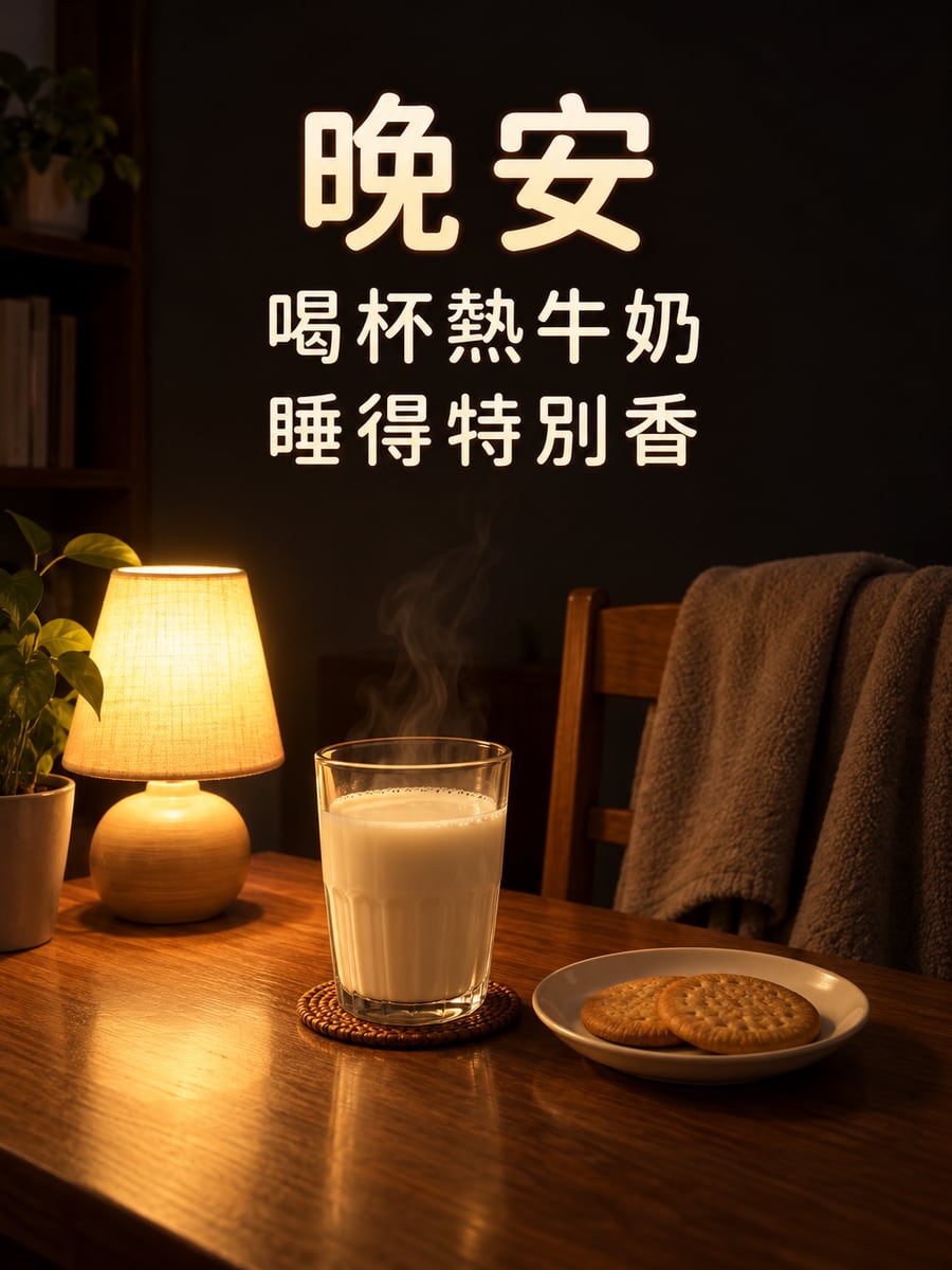 夜燈熱牛奶。圖中文字：晚安，喝杯熱牛奶，睡得特別香