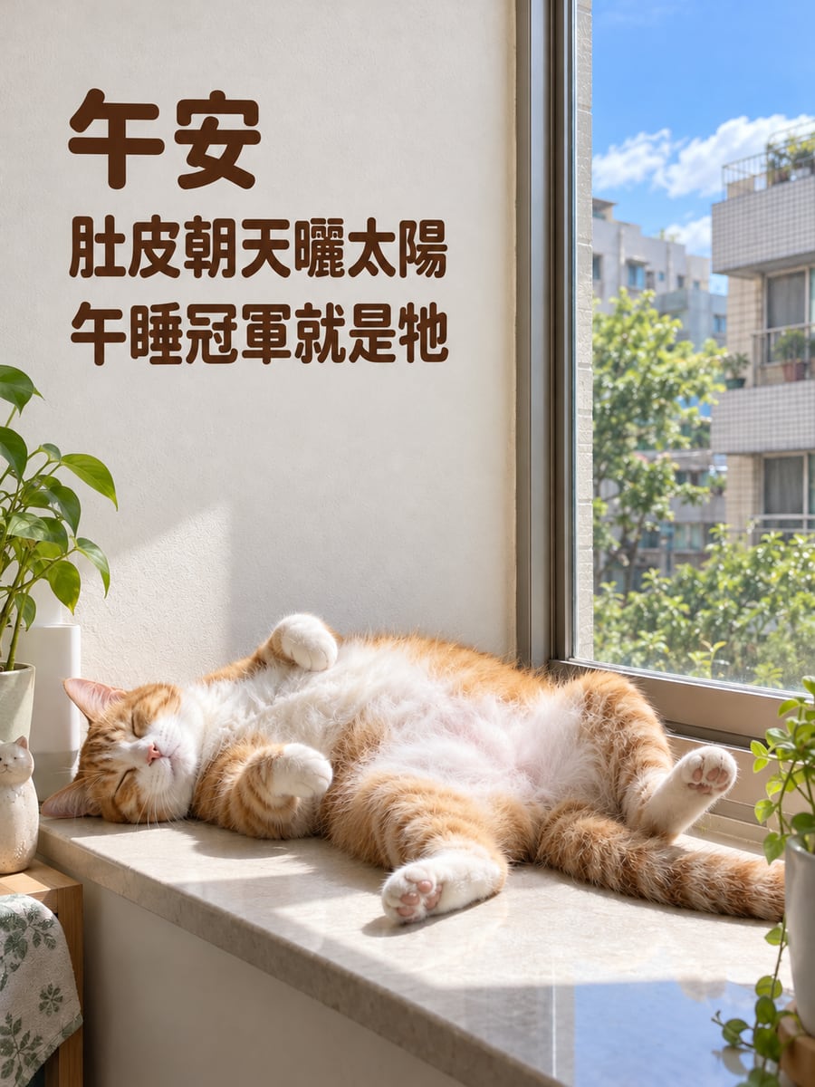 肚皮朝天的橘貓。圖中文字：午安，肚皮朝天曬太陽，午睡冠軍就是牠
