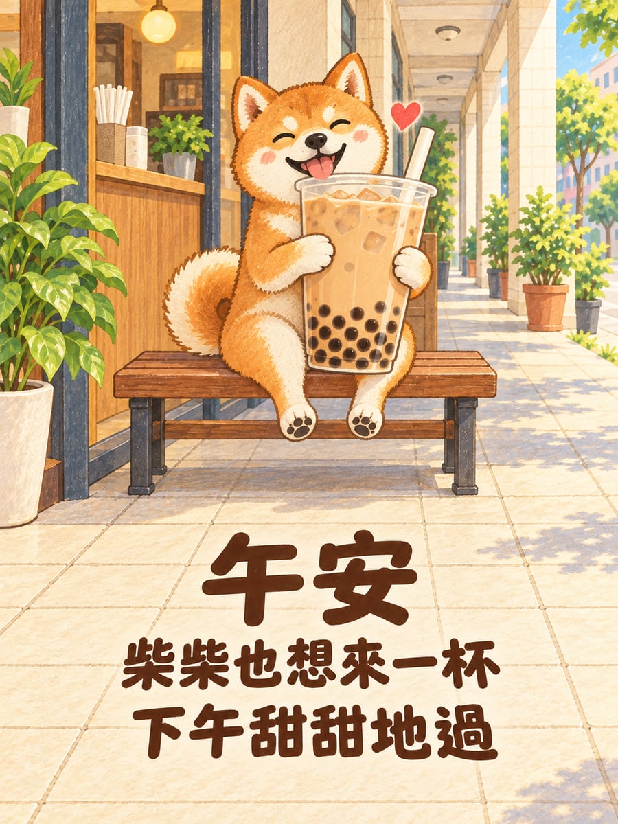 柴柴想喝一杯。圖中文字：午安，柴柴也想來一杯，下午甜甜地過