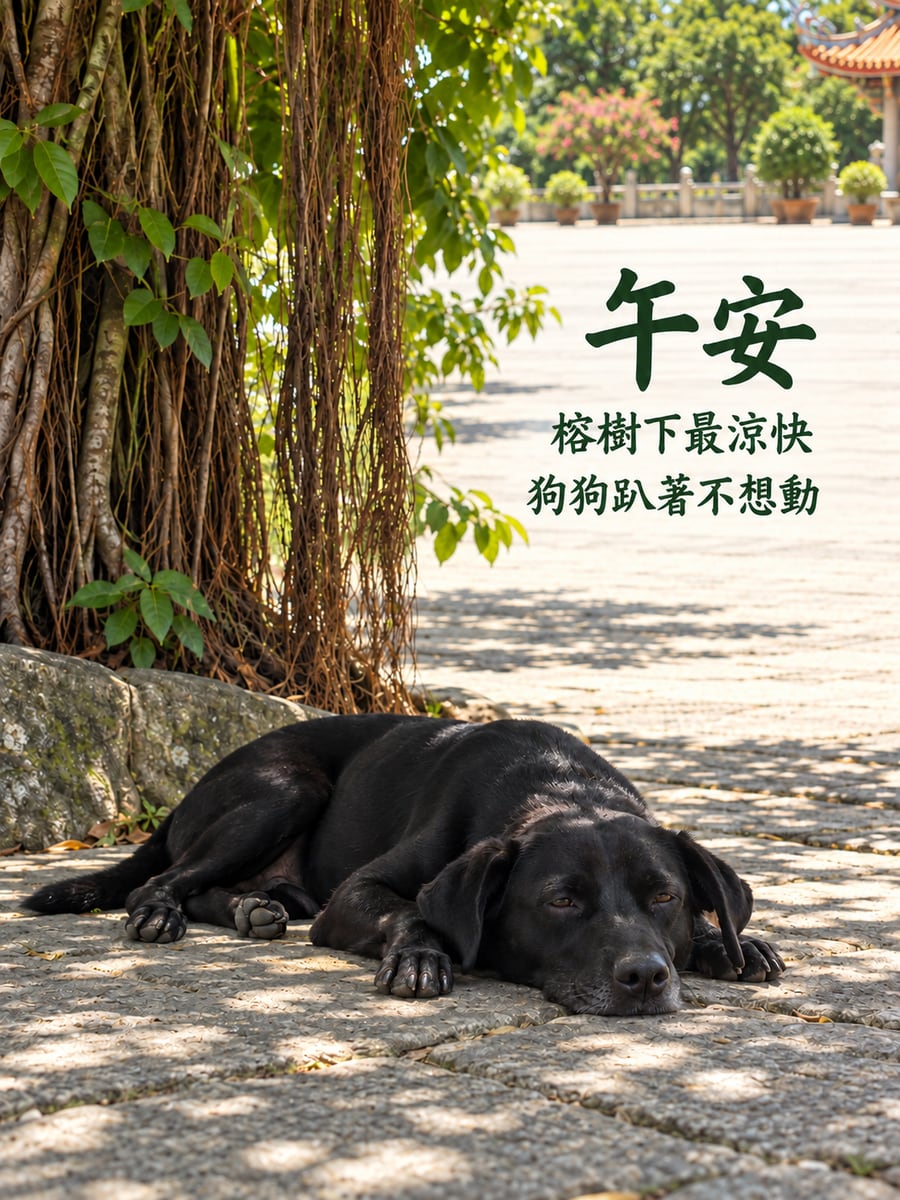 榕樹下的黑狗。圖中文字：午安，榕樹下最涼快，狗狗趴著不想動