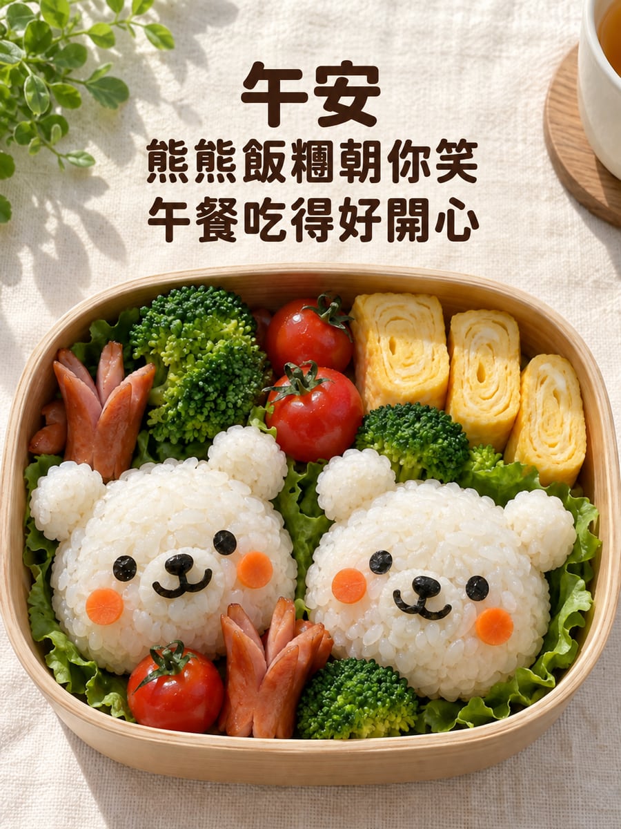 熊熊飯糰便當。圖中文字：午安，熊熊飯糰朝你笑，午餐吃得好開心