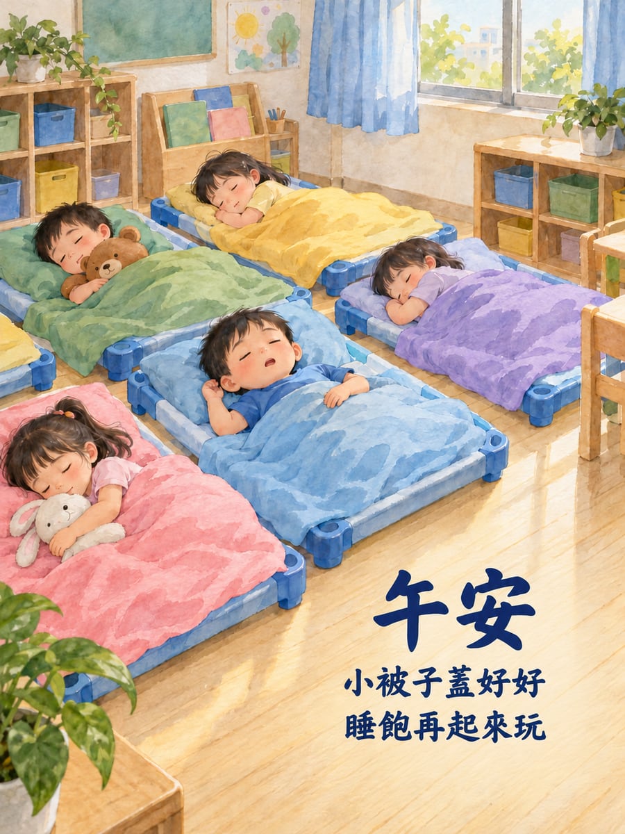 幼兒園午睡。圖中文字：午安，小被子蓋好好，睡飽再起來玩