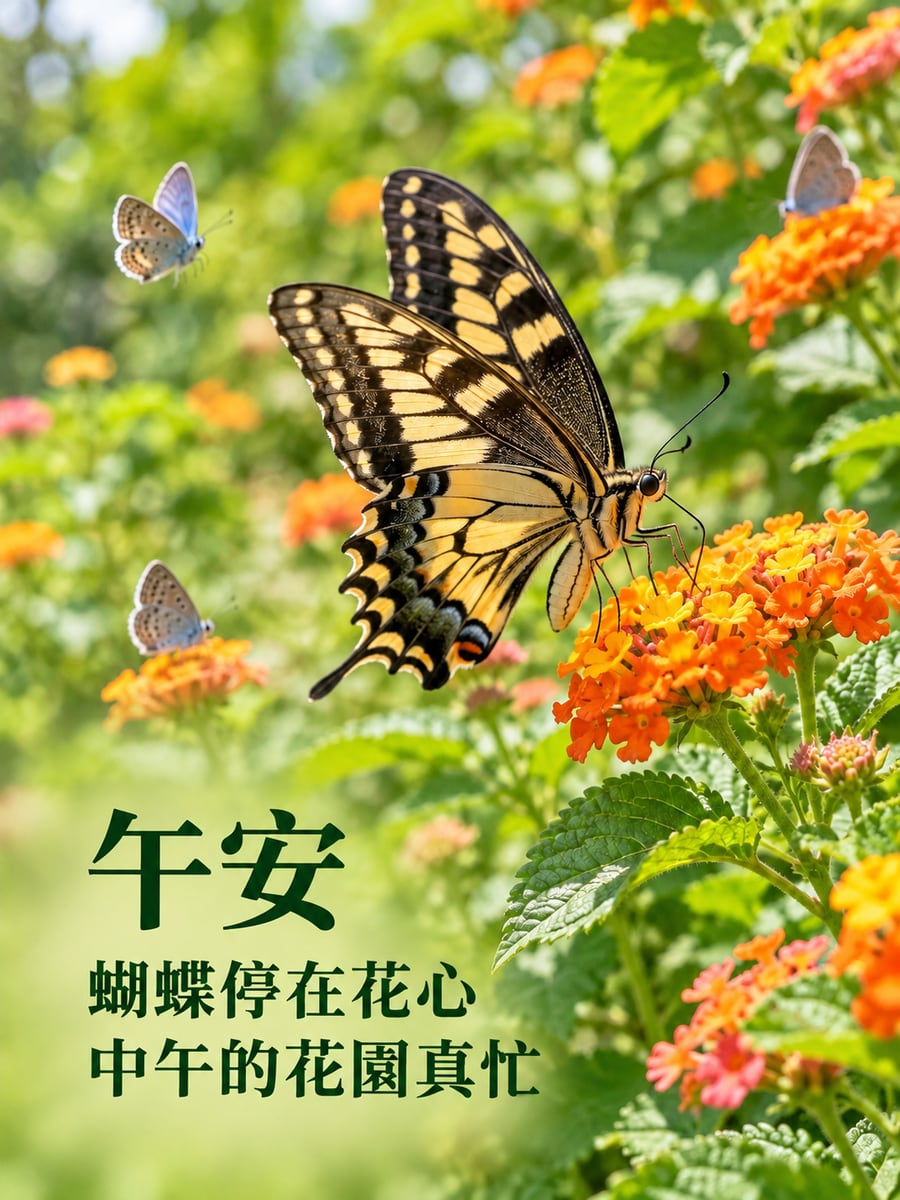 花園裡的蝴蝶。圖中文字：午安，蝴蝶停在花心，中午的花園真忙