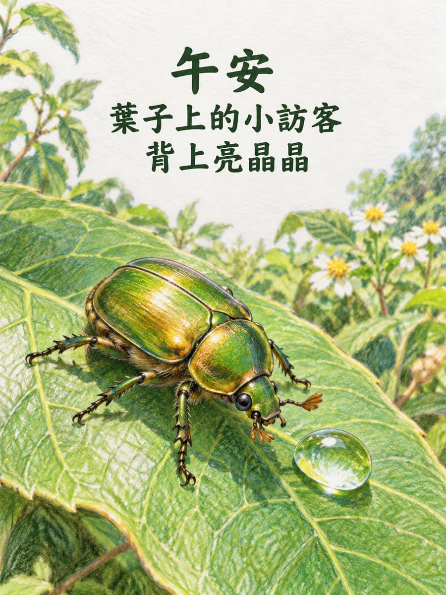 葉子上的小訪客。圖中文字：午安，葉子上的小訪客，背上亮晶晶