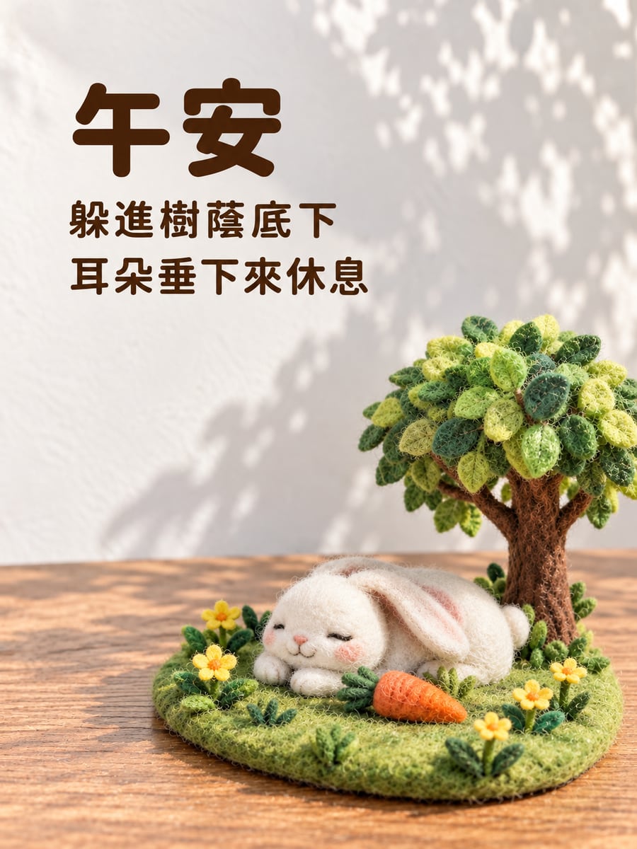 樹蔭下的小兔。圖中文字：午安，躲進樹蔭底下，耳朵垂下來休息